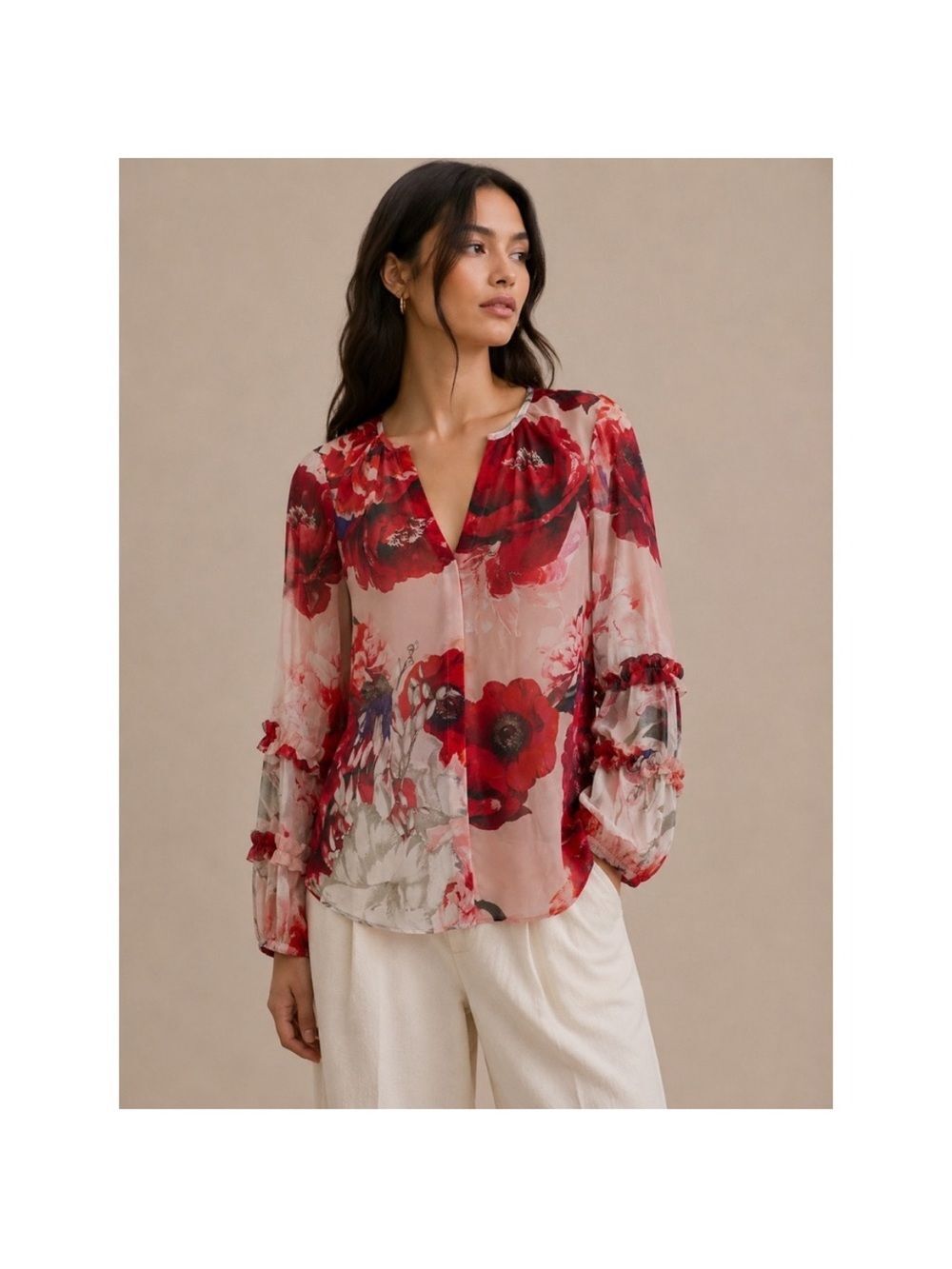 White House Black Market Floral Design Red Sheer Ruffle Sleeve Detail Blouse